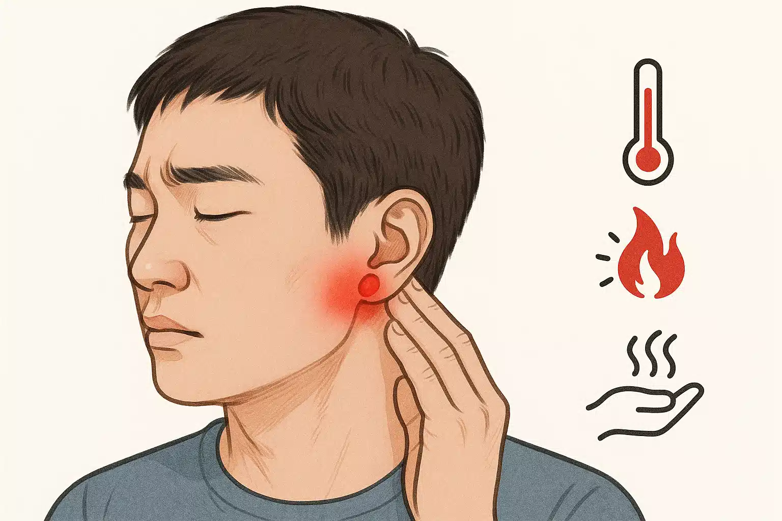 귀 뒤 림프절이 붓고 아픈 모습, 콩알 크기의 멍울, 열감과 통증