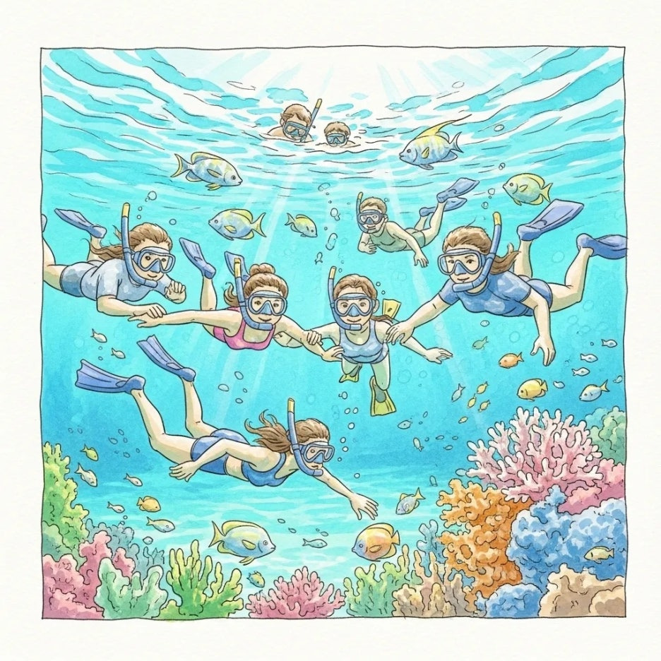 맑은 바닷속에서 스노클링을 즐기는 사람들.