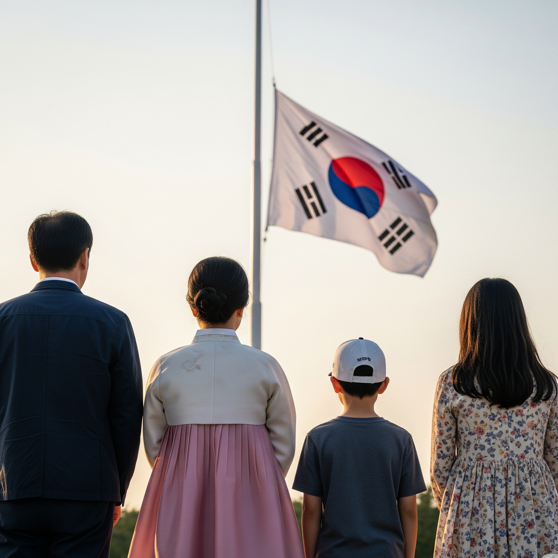 현충일에 묵념을 하는 가족