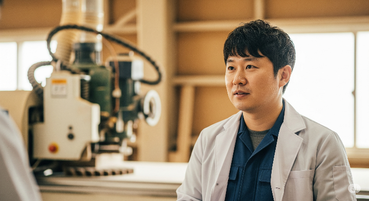 목공 기계 앞에서 설명을 듣는 남성 전문가