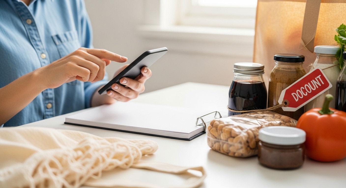 할인 상품을 비교하고 쇼핑 목록을 확인하며 현명하게 장을 보는 모습