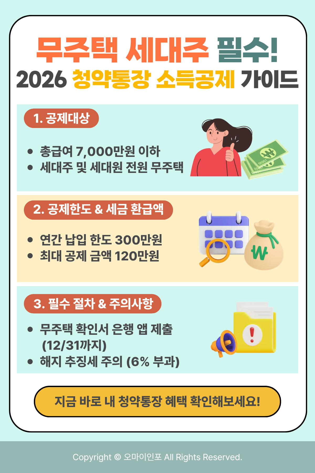 2026년 주택청약종합저축 소득공제 신청 자격 조건 및 연 300만원 한도 무주택 세대주 혜택 가이드