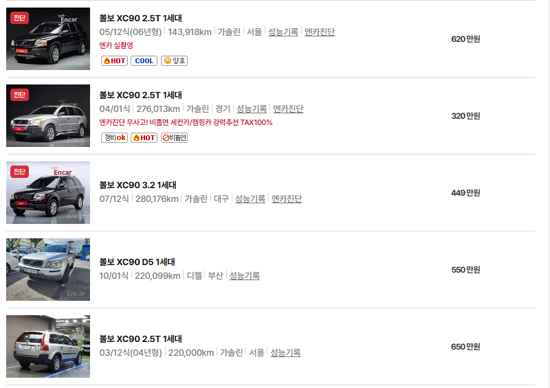 볼보 XC90 중고차 가격 시세표 연비