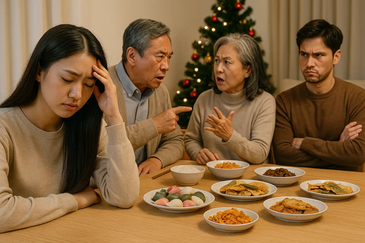 명절-식사-자리에서-가족-간의-의견충돌과-심리적-거리감을-느끼는-사람들의-표정을-통해-명절-갈등의-심리를-표현한-이미지