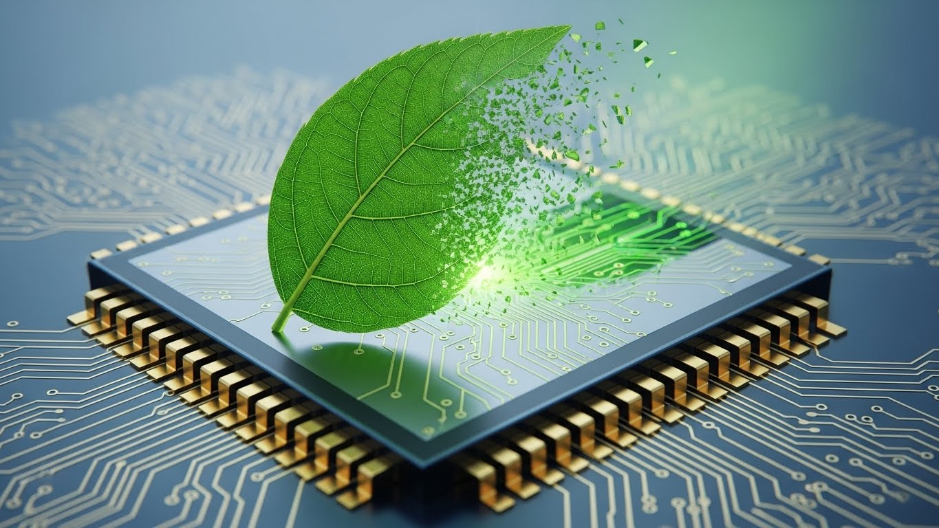A leaf symbol merging with a semiconductor chip, representing eco-friendly technology.