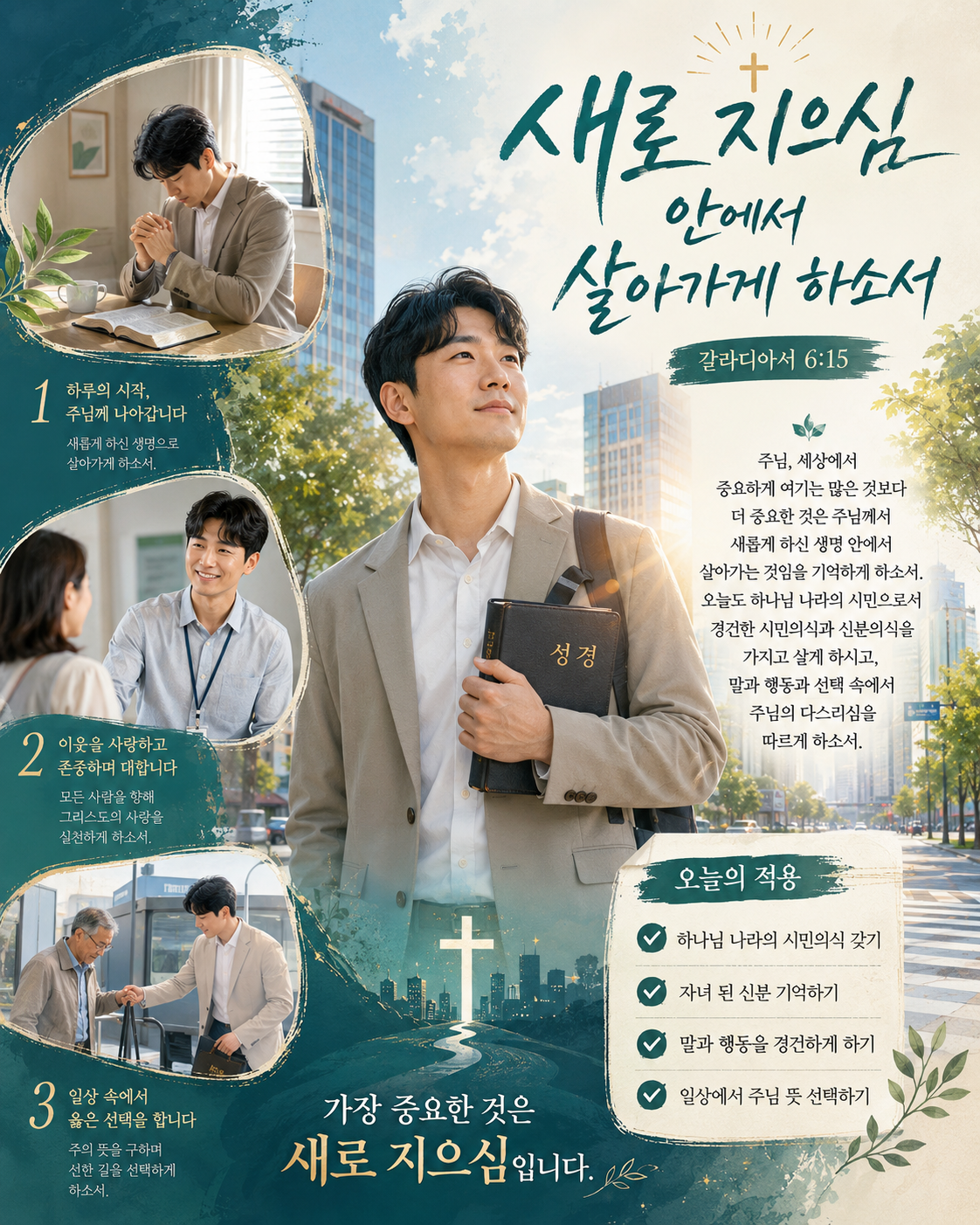 갈 6:15 말씀에서 여러 중요한 것들로 생각하며 살아가는 주제들이 있으나 가장 중요한 것은 하나님께서 창조하신 영적인 세계에서 일원이 되며 그 안에서 살아가는 것임을 기억하며&amp;#44; 오늘도 경건한 시민의식과 신분의식을 가지고 생활하려는 시도를 하는 모습입니다.