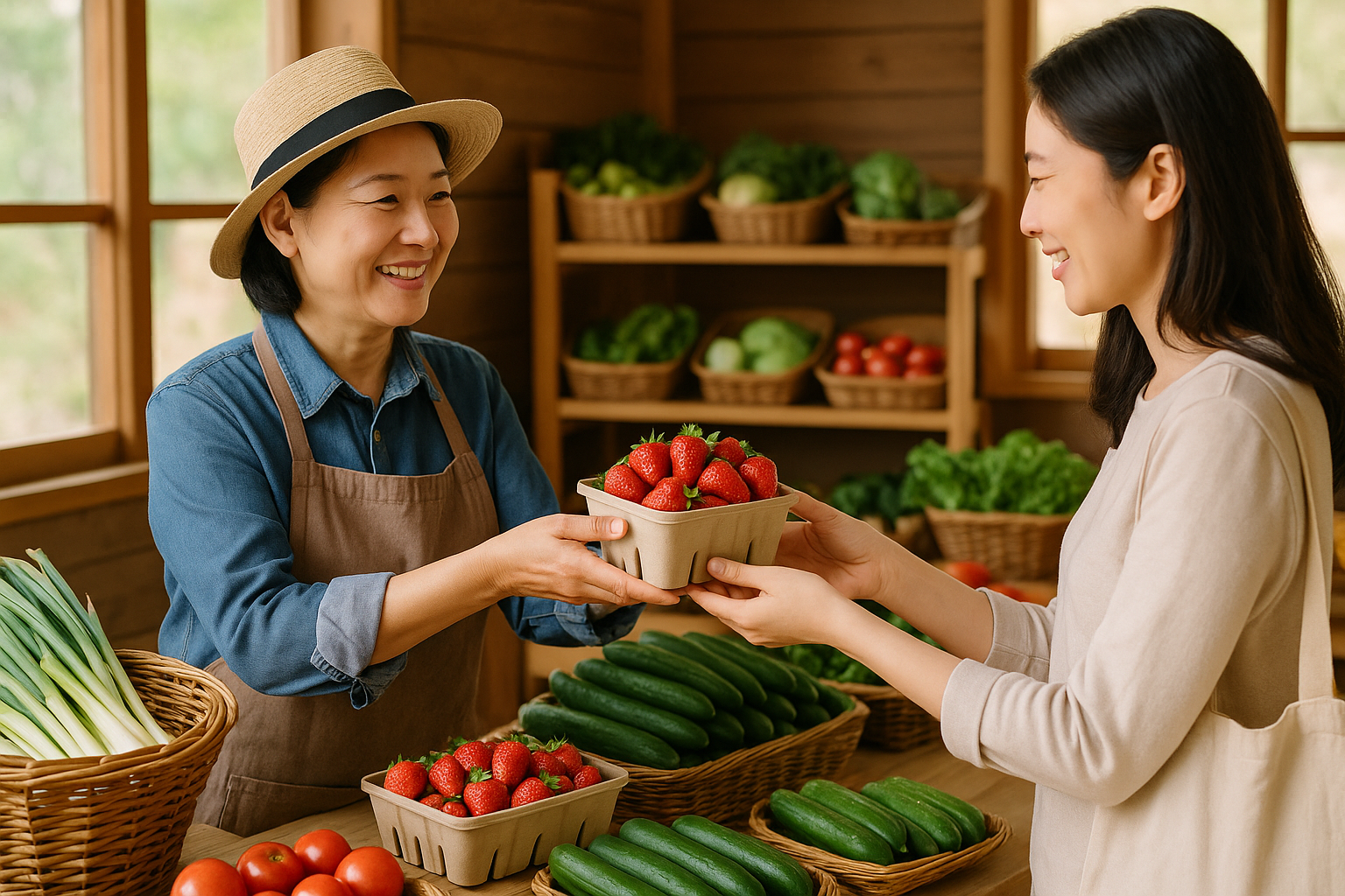 로컬푸드마켓에서 식재료를 구입하는 사진