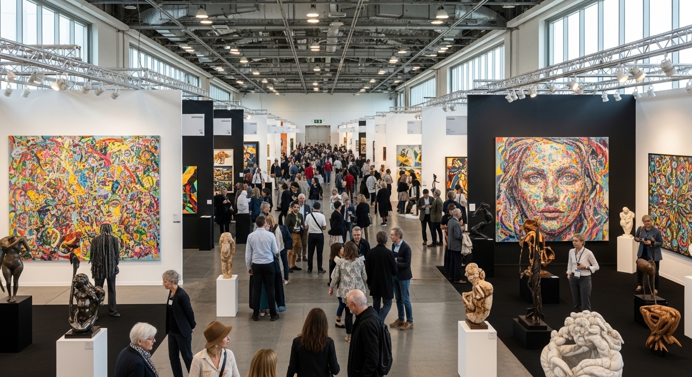 다양한 미술 작품과 관람객들로 활기찬 인천아트쇼 전시장의 모습