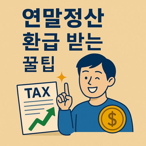 연말정산 환급을 받는 꿀팁을 주제로 한 썸네일 이미지로, TAX 문서와 상승 그래프, 코인을 든 웃는 남성이 포함된 절세 정보 일러스트