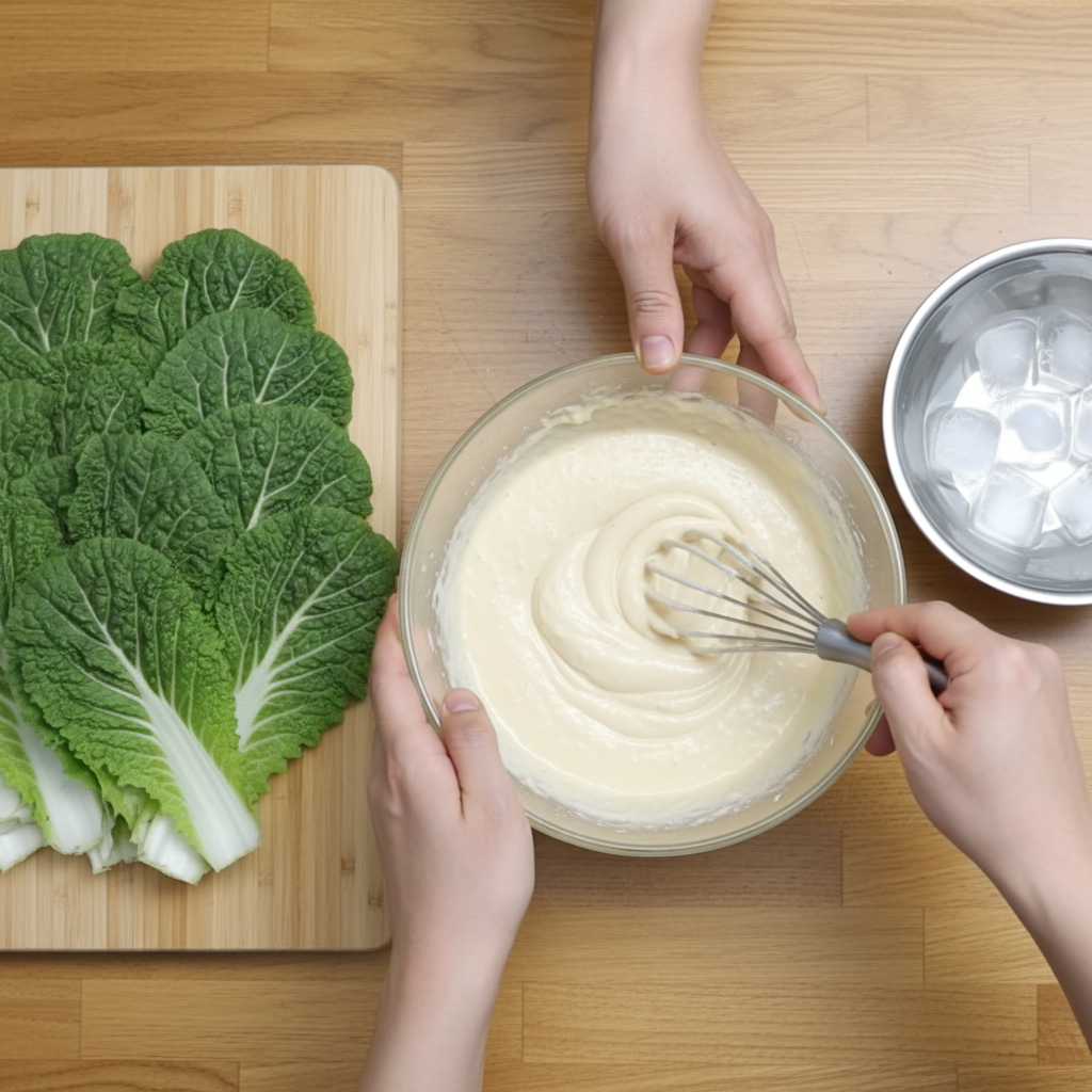 얼음물을 넣어 바삭하게 반죽하는 봄동전 황금 반죽