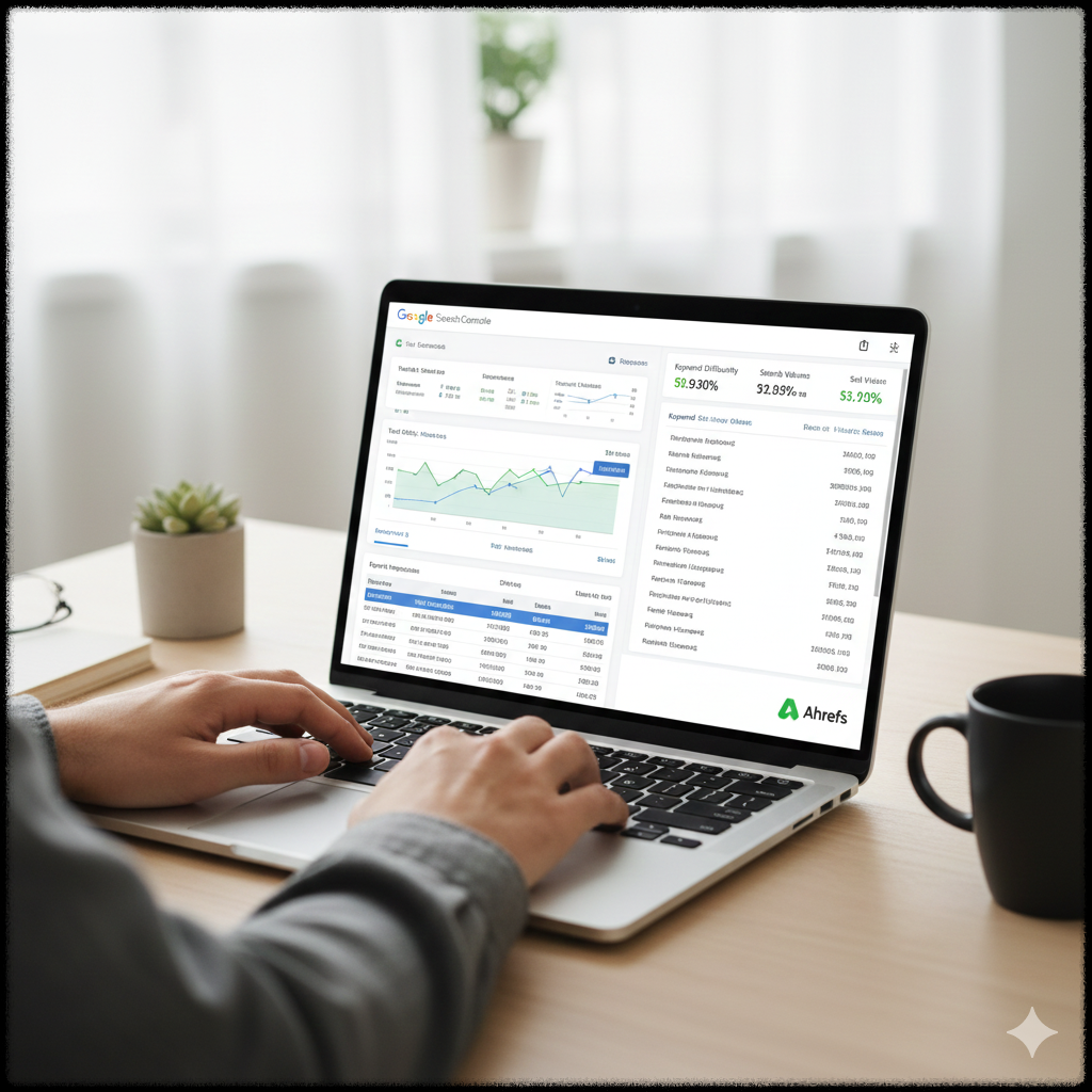 AI 도구로 SEO 키워드와 검색 데이터를 분석하는 작업 이미지