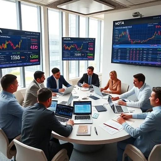 증권사 애널리스트나 투자 전문가들이 회의실에서 노타 관련 자료를 보며 토론하거나, 심도 깊은 분석을 진행하는 모습입니다. 전문적인 관점에서 노타 공모주를 조명하는 장면을 상징합니다.