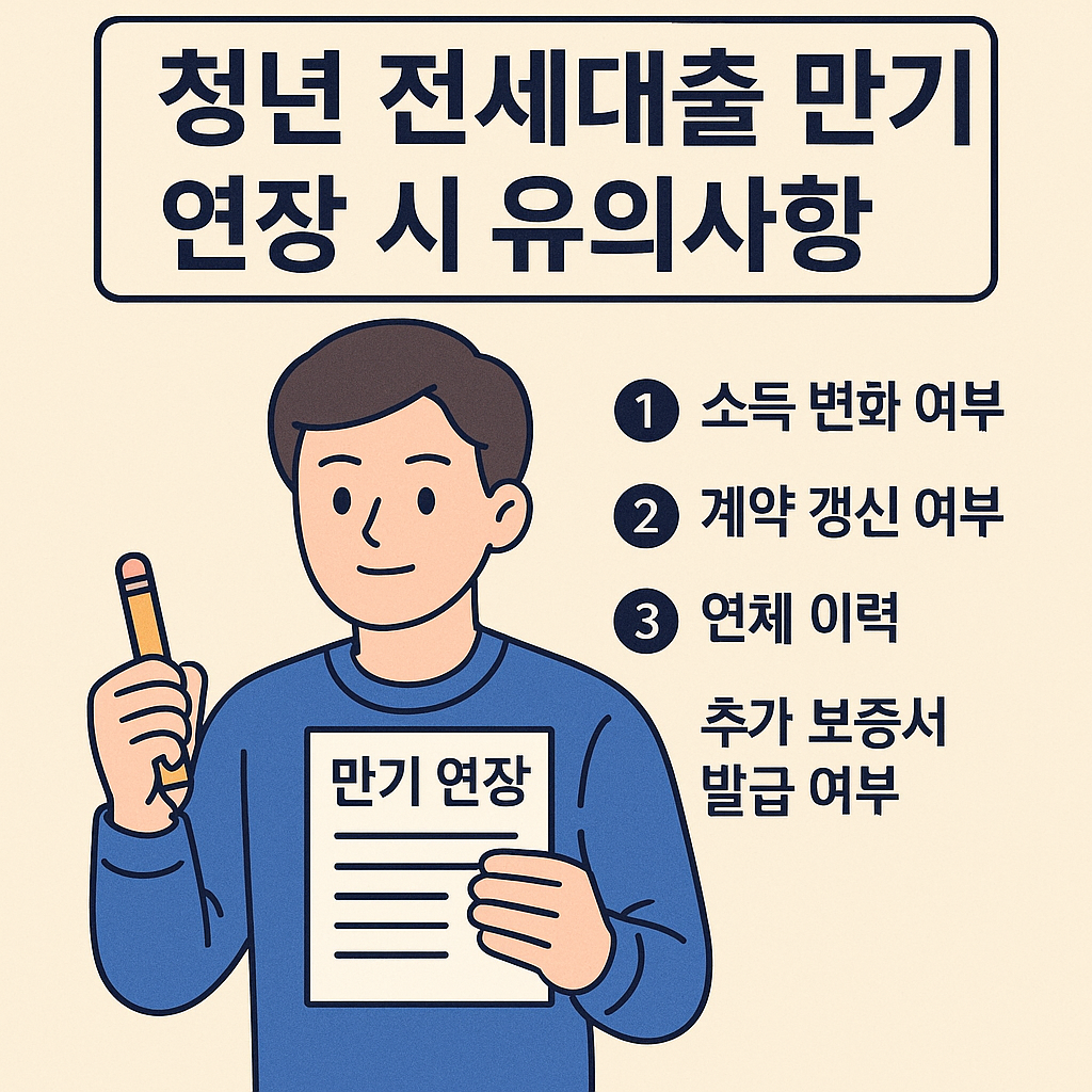 한국어 대체 텍스트: &quot;청년 전세대출 만기 연장 시 유의사항을 안내하는 인포그래픽. 연필과 '만기 연장' 서류를 든 청년이 중앙에 있고, 오른쪽에 '소득 변화 여부', '계약 갱신 여부', '연체 이력', '추가 보증서 발급 여부' 네 가지 주의사항이 항목별로 정리되어 있다.&quot;