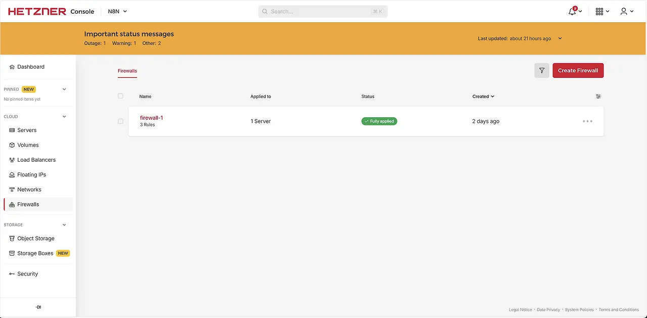 Hetzner 방화벽 규칙 선택 화면