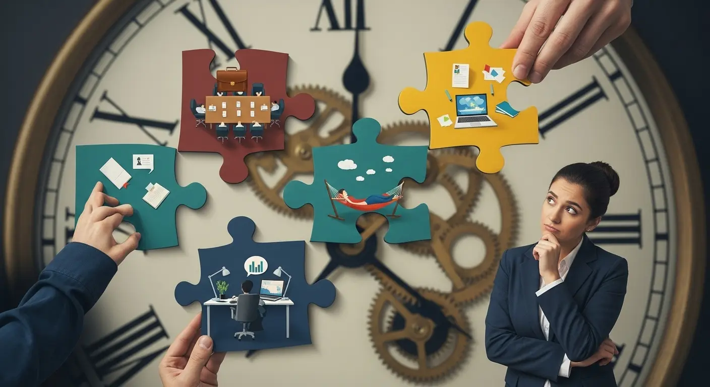 <img src="modern_life_balancing_time_as_quality_puzzle.webp" alt="시간을 삶의 질로 인식하며 회의, 업무, 휴식 등 다양한 활동을 퍼즐처럼 조화롭게 배치하려는 현대인의 고민을 표현한 이미지 입니다">