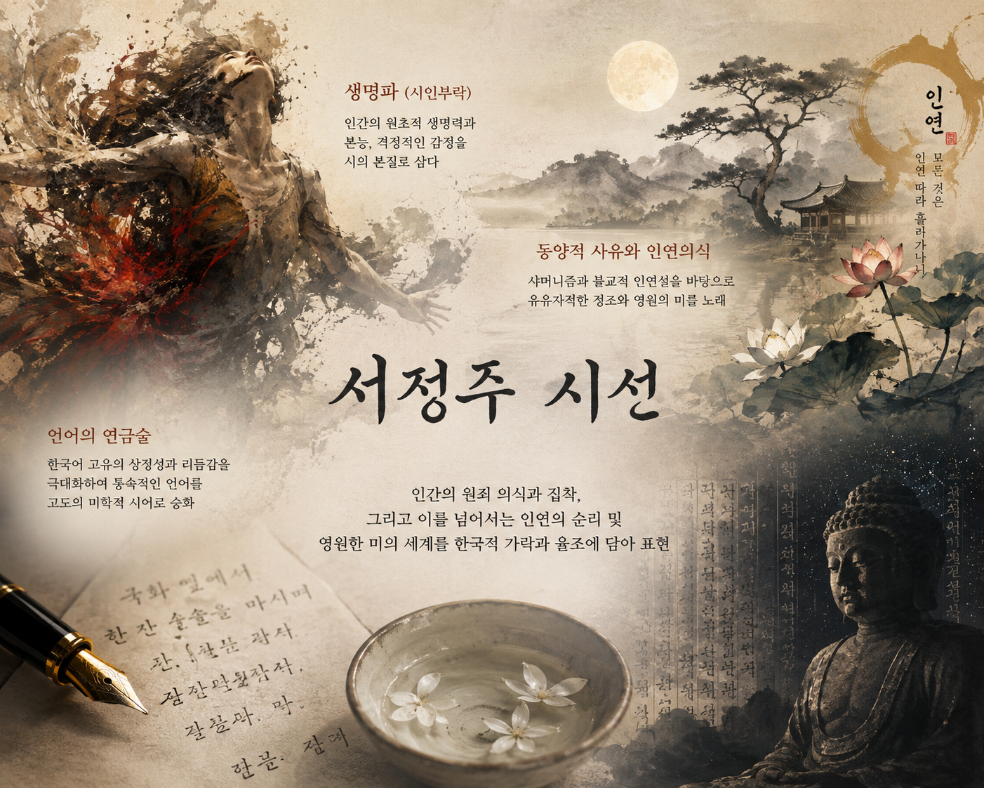 서정주 시선 요약: 생명파의 원초적 에너지, 동양적 사유와 인연설, 국화 옆에서 원고지와 술잔, 불상과 연꽃이 어우러져 미당 서정주의 시적 세계를 나타낸 인포그래픽 일러스트