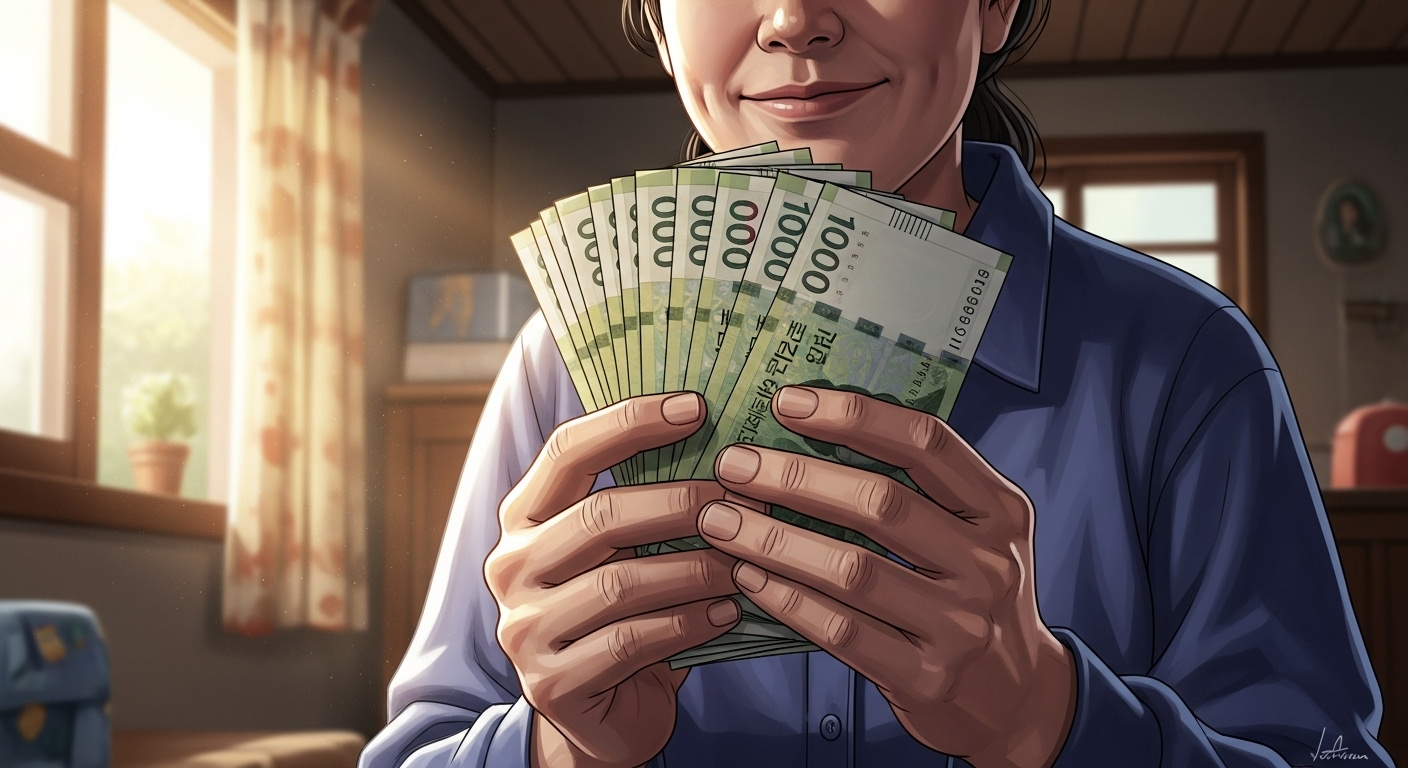 전기, 가스, 통신 요금 고지서에 찍힌 '복지할인' 도장을 보며 만족스러워하는 모습 세미리얼 일러스트