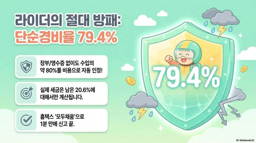 배달라이더 수입별 종합소득세: 배달라이더의 절대 방패인 단순경비율 79.4%를 방패 일러스트로 표현한 이미지. 장부나 영수증 없이도 수입의 약 80%를 비용으로 자동 인정받아 실제 세금은 남은 20.6%에 대해서만 계산되며 홈택스 모두채움으로 1분 만에 신고가 끝난다는 핵심 정보를 안내하는 배달라이더 단순경비율 설명 이미지