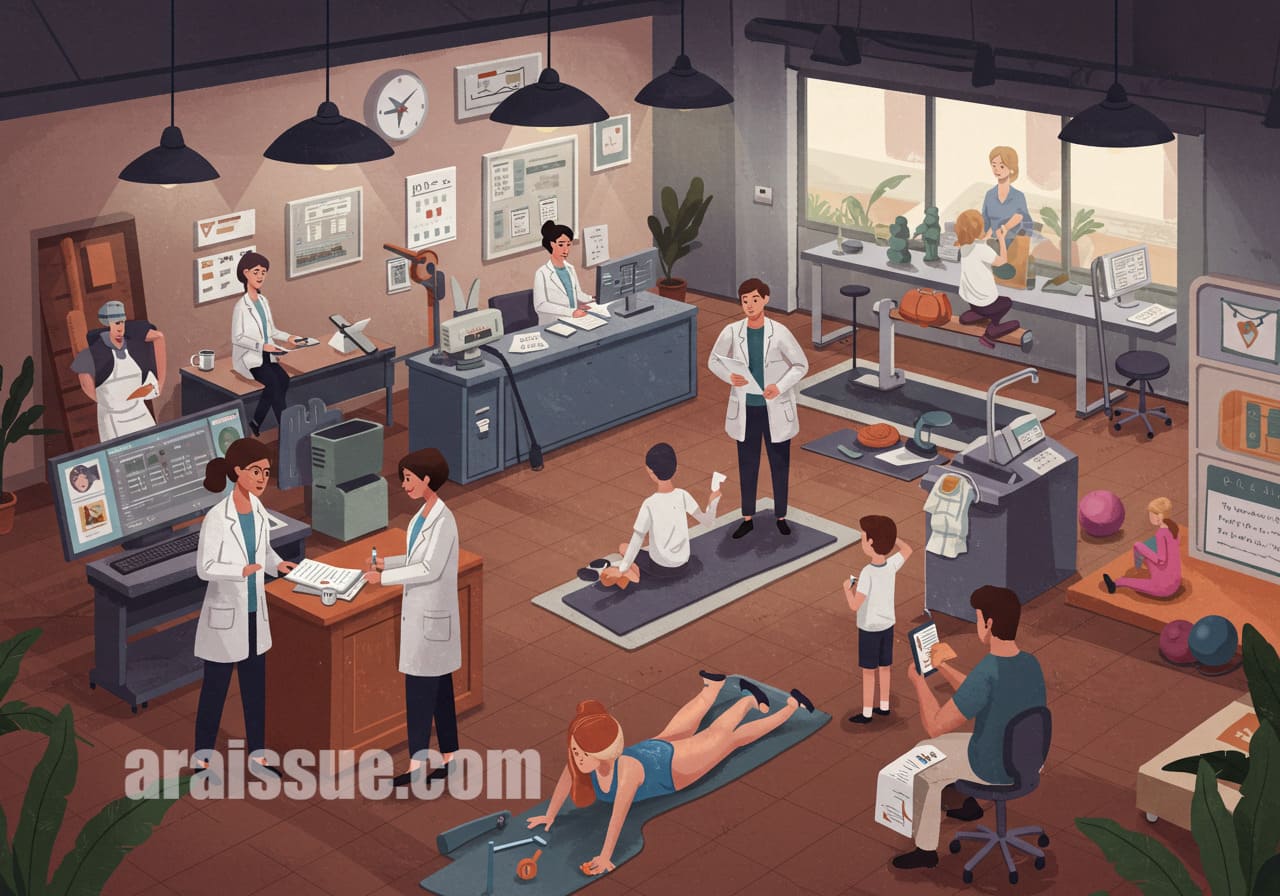 보건소에서 체중 감량 프로그램에 참여하는 다양한 연령대의 사람들. 운동과 상담을 통해 건강 관리가 이루어지고 있는 깨끗하고 밝은 환경.