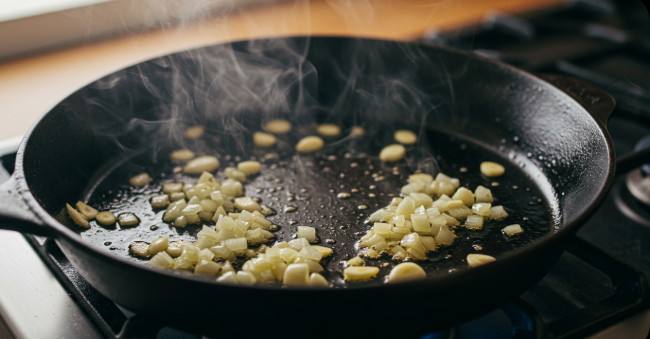 올리브 오일과 편 마늘, 다진 양파가 들어가 약한 불에서 볶아지고 있는 모습