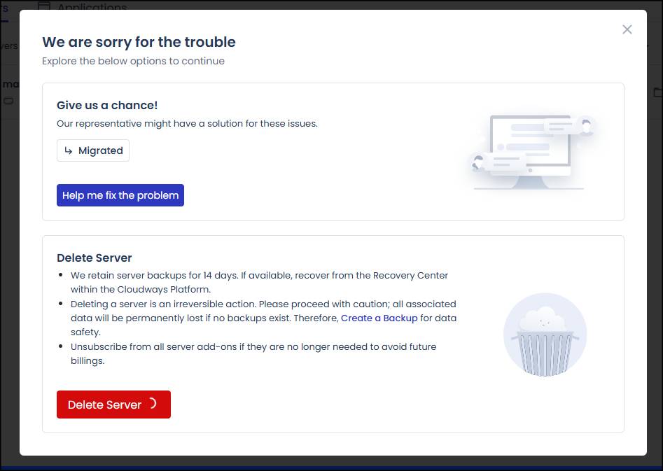 서버 삭제 버튼 클릭