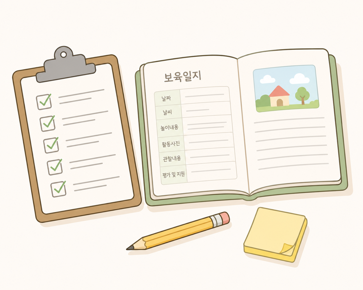 보육일지와 정리된 사무용품