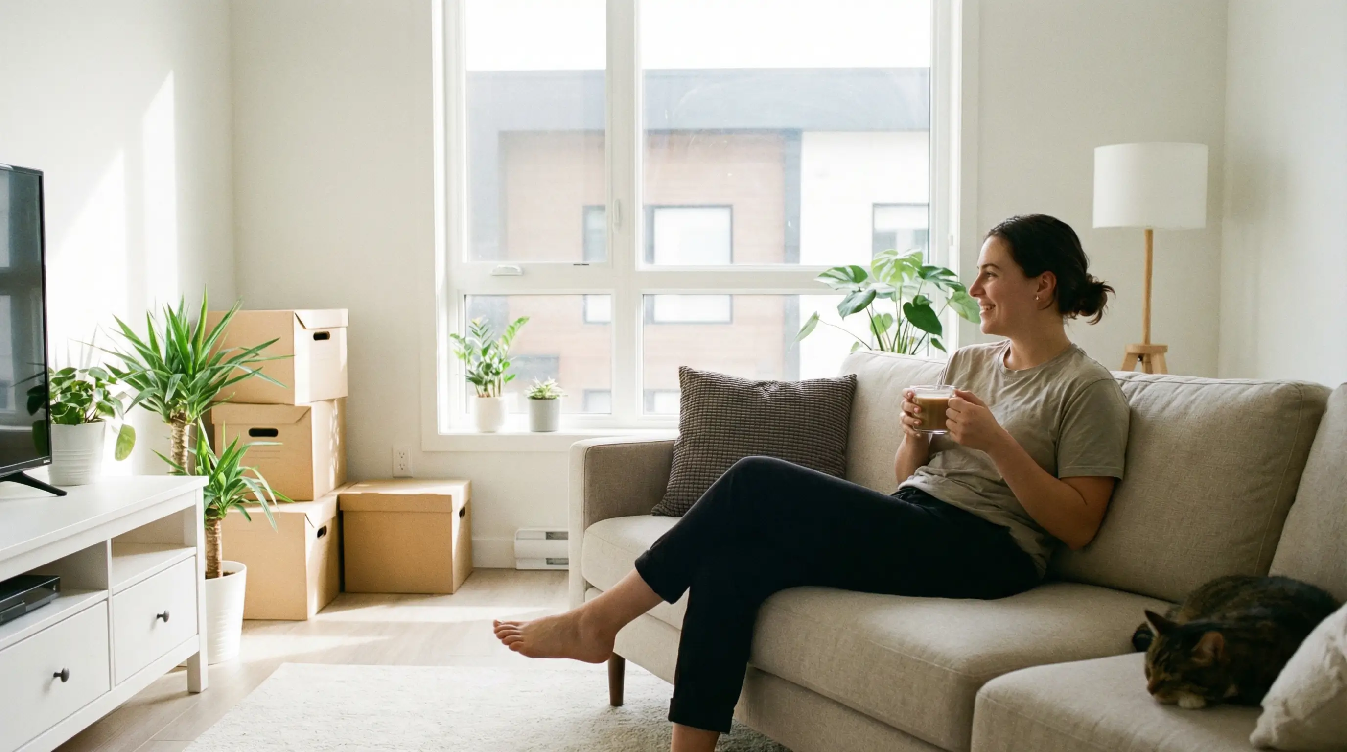 이사를 마치고 정리된 깨끗한 거실에서 커피를 마시며 편안하게 휴식하는 모습