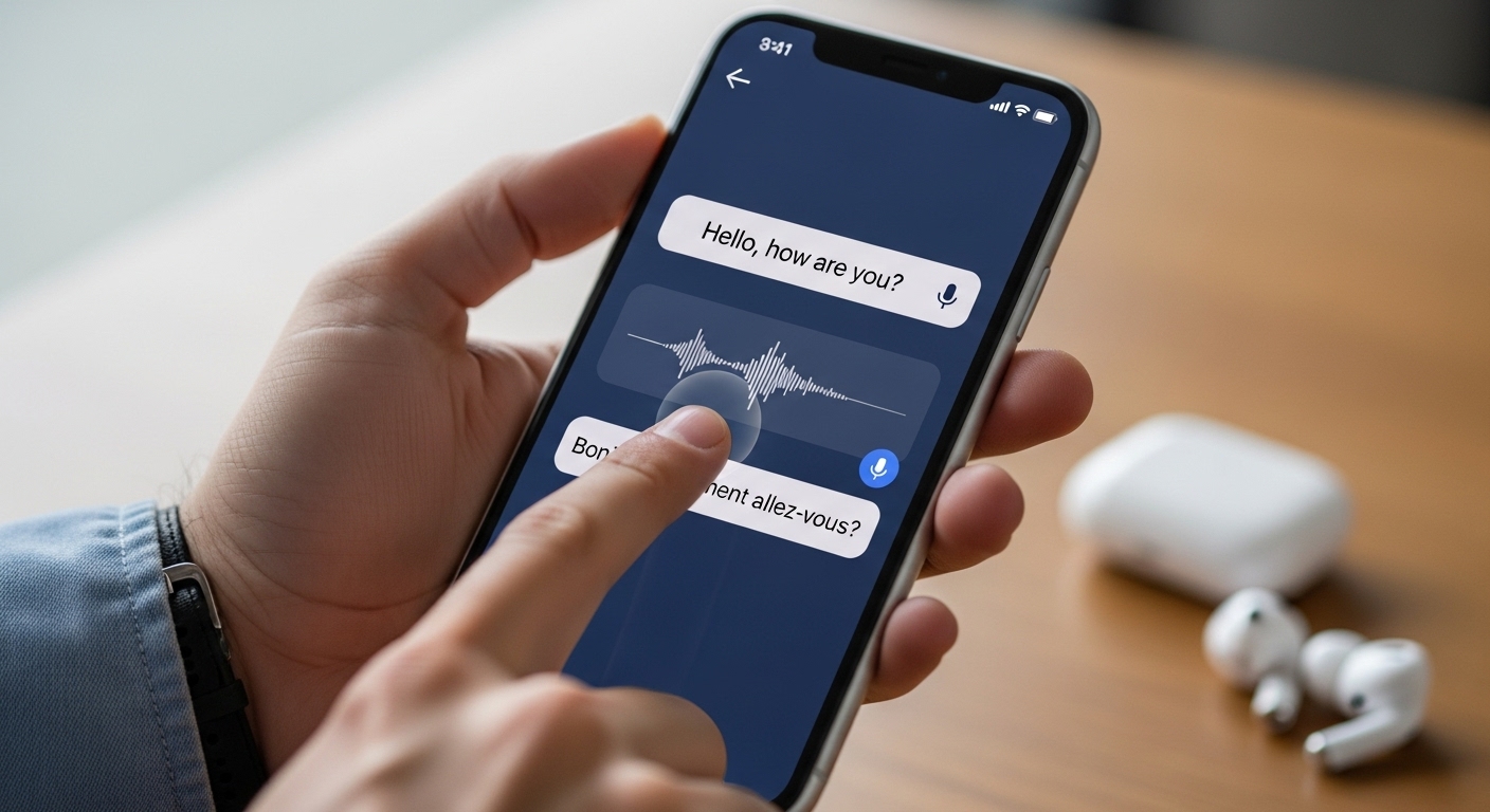 번역 앱의 실시간 탭을 눌러 에어팟 실시간 번역을 시작하는 모습.
