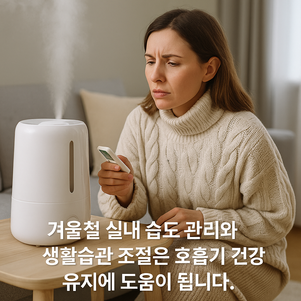 겨울철 실내 습도 관리와 생활습관 조절은 호흡기 건강 유지에 도움이 됩니다. 실사형 이미지