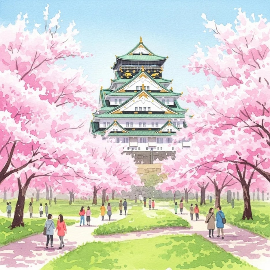 벚꽃으로 둘러싸인 웅장한 오사카성 풍경