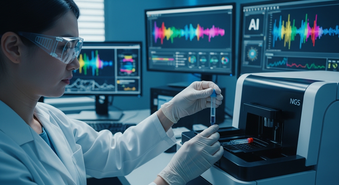 a DNA test sample (saliva tube) into a next-generation sequencing (NGS) machine inside a futuristic lab
