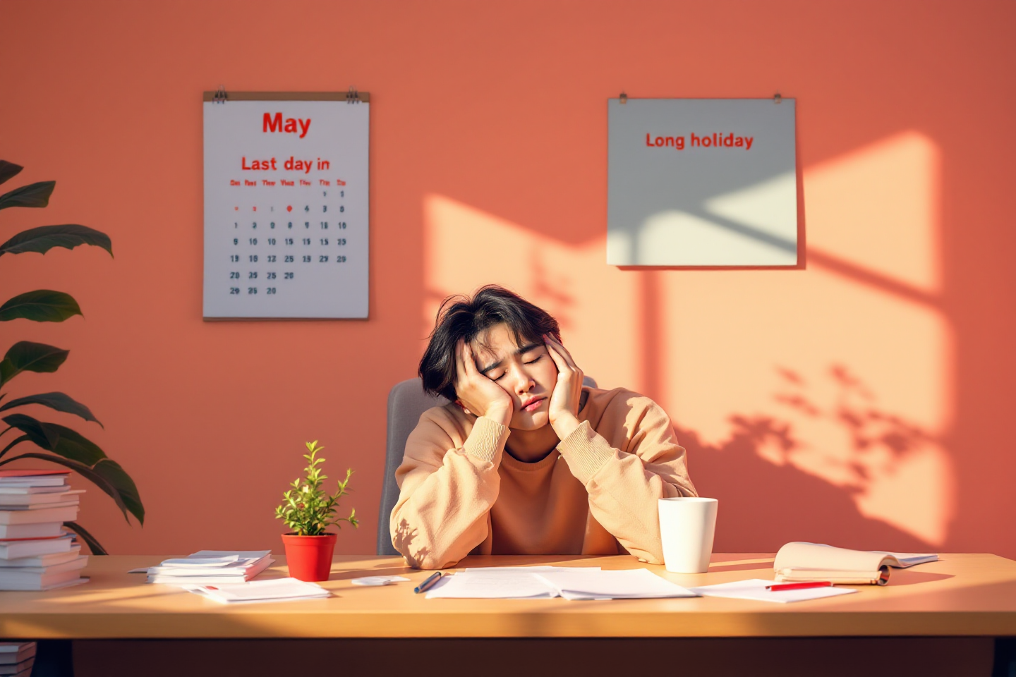 황금연휴가 끝난 뒤 공허함을 느끼는 직장인의 모습