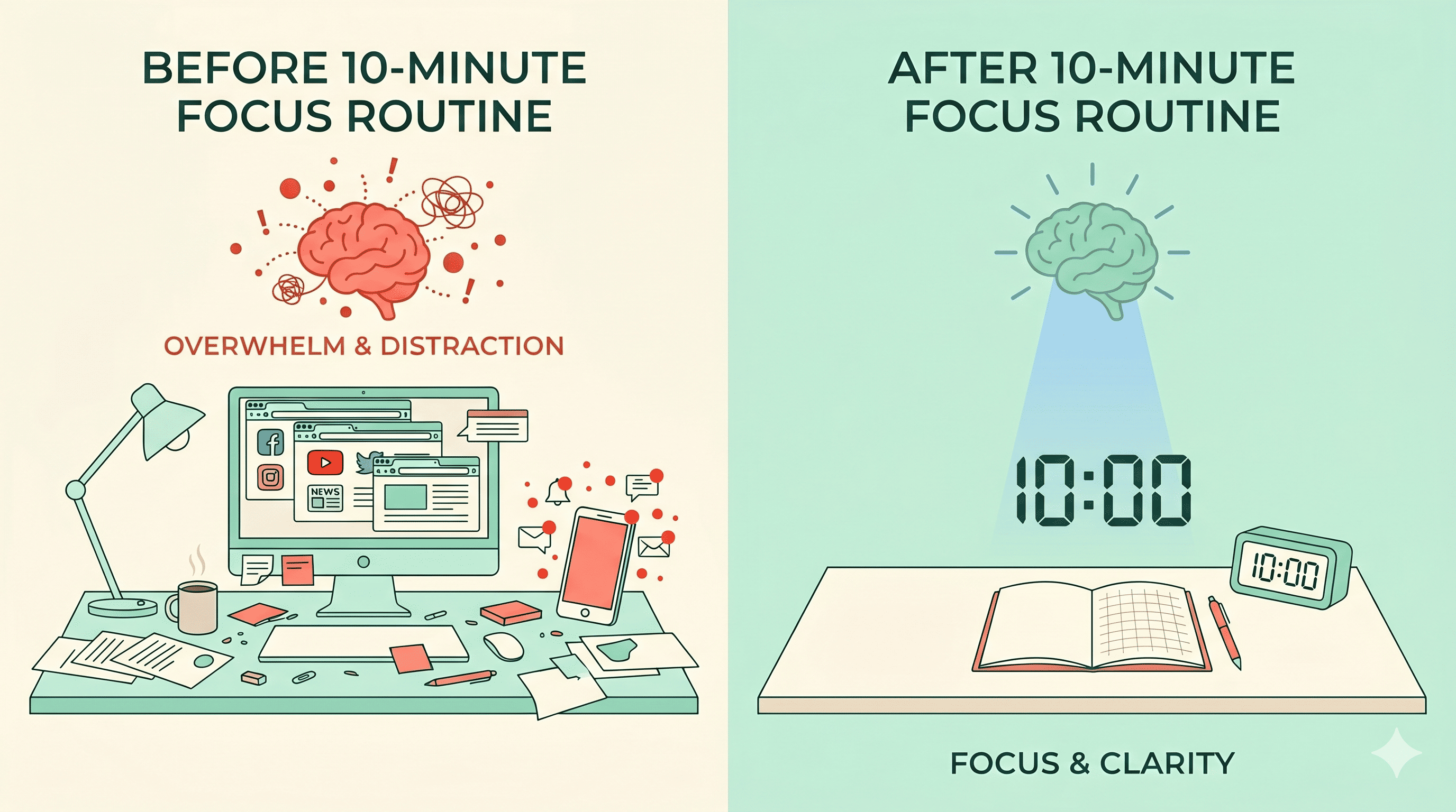 10분 몰입 루틴 Before After 비교 - 산만한 업무 환경에서 집중 상태로 전환되는 변화