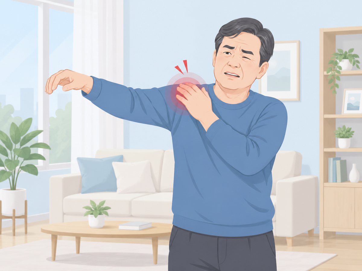 거실에서 팔을 들어 올리다가 아픈 어깨를 움켜쥐고 얼굴을 찡그린 중년 남성
