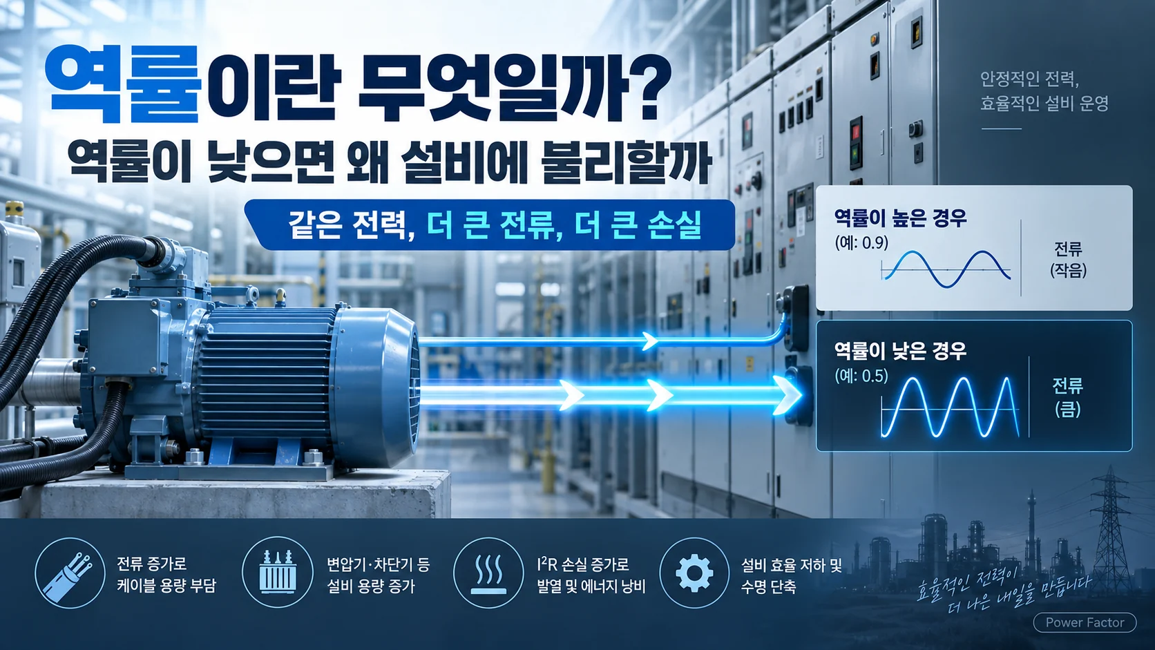 역률이란 무엇인지와 역률이 낮을 때 전력설비 부담을 설명하는 이미지