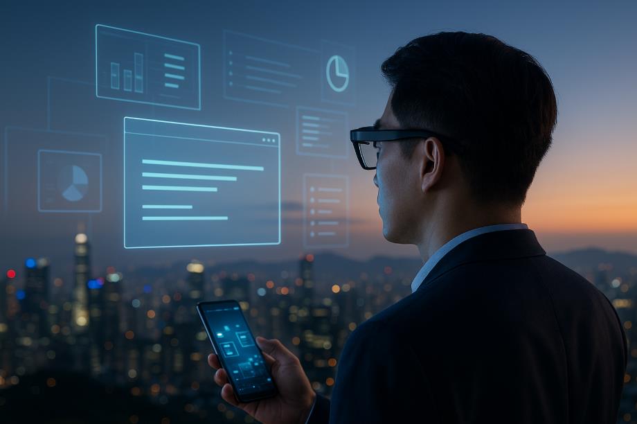 AR과 스마트폰이 결합된 미래의 홀로그램 인터페이스를 상징하는 장면