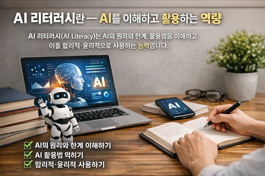 AI 리터러시(AI Literacy)는 AI의 원리와 한계, 활용법을 이해하고 이를 합리적·윤리적으로 사용하는 이미지