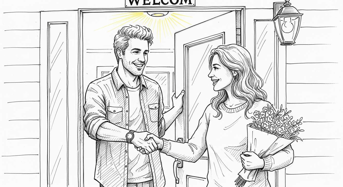 호스트에게 와인을 건네며 인사하는 손님