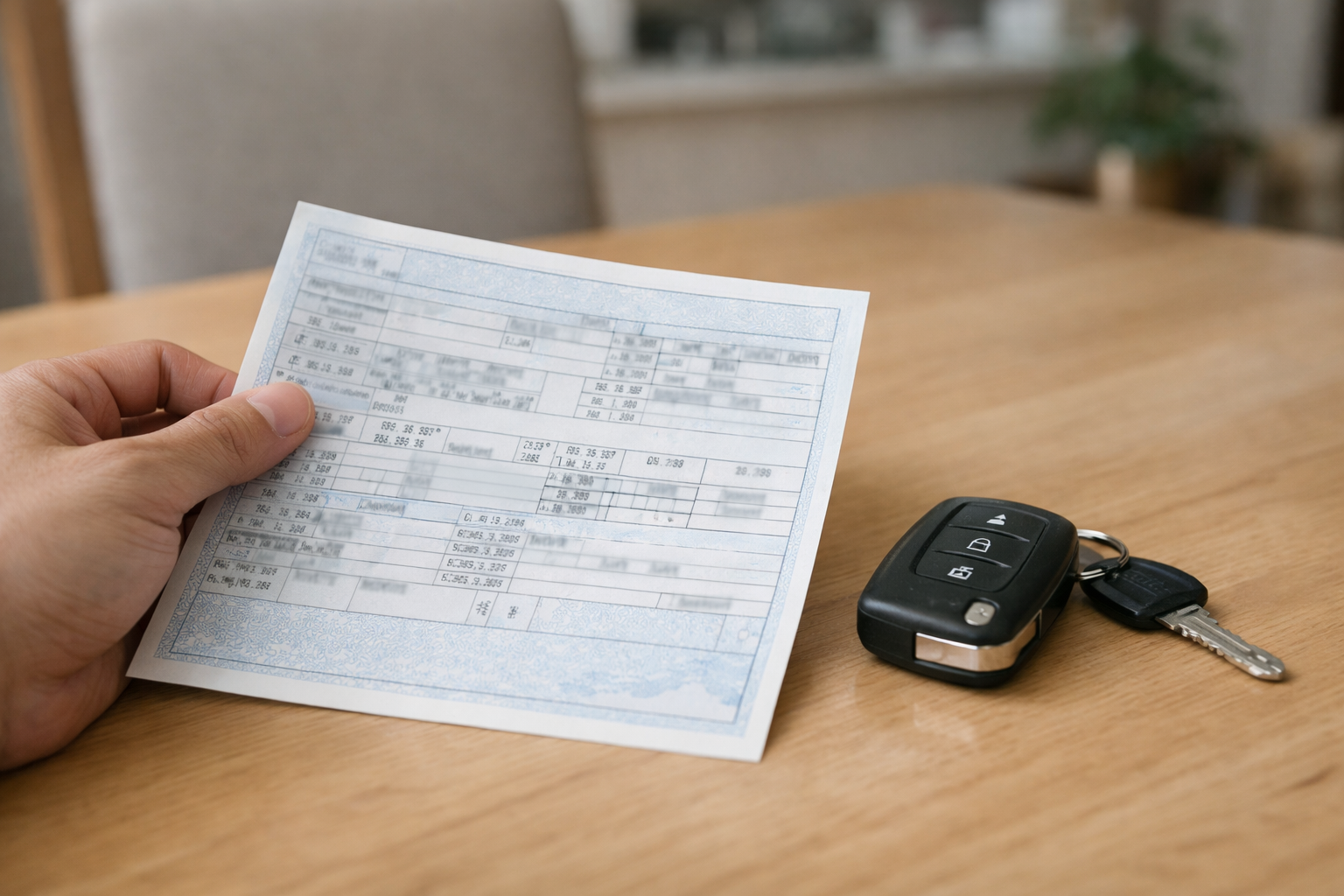 자동차 검사 조회 전 차량 키와 등록 서류를 함께 준비한 장면 