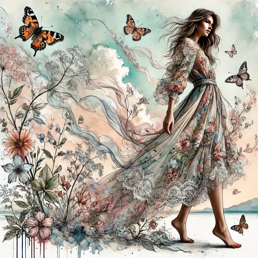 에니멀프린트 나비무늬 시스루드레스스타일 일러스트이미지