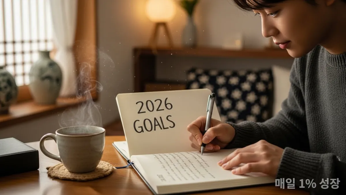 2026년 목표를 담아 긍정 확언을 작성하는 한국인의 손.