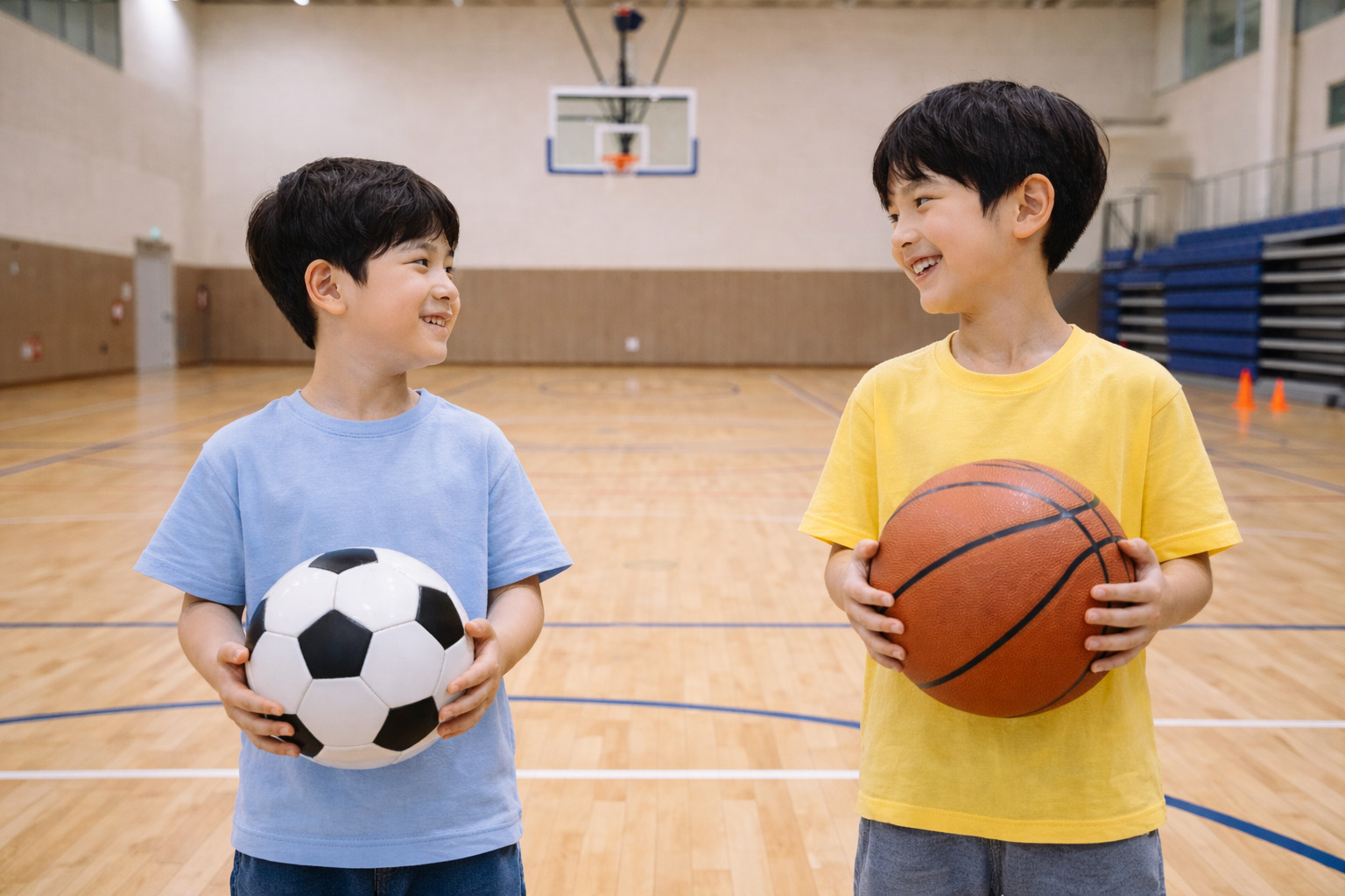 실내 체육관에서 축구공을 든 8살 소년과 농구공을 든 10살 소년이 서로를 바라보며 웃고 있는 모습