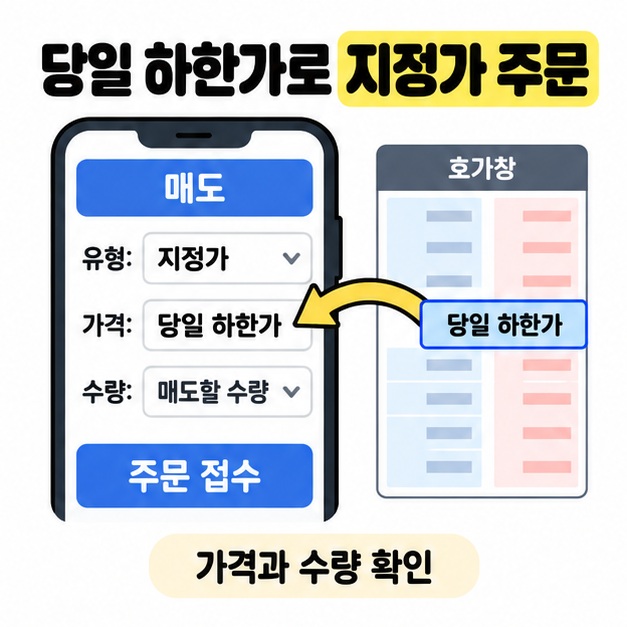 호가창의 당일 하한가를 확인해 지정가 매도 화면에 가격과 수량을 입력하는 그림