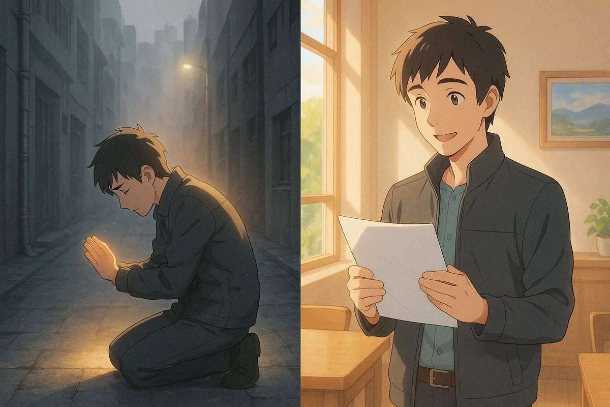절망에 빠진 청년이 정부 지원을 통해 희망을 되찾는 모습을 표현한 따뜻한 일러스트
