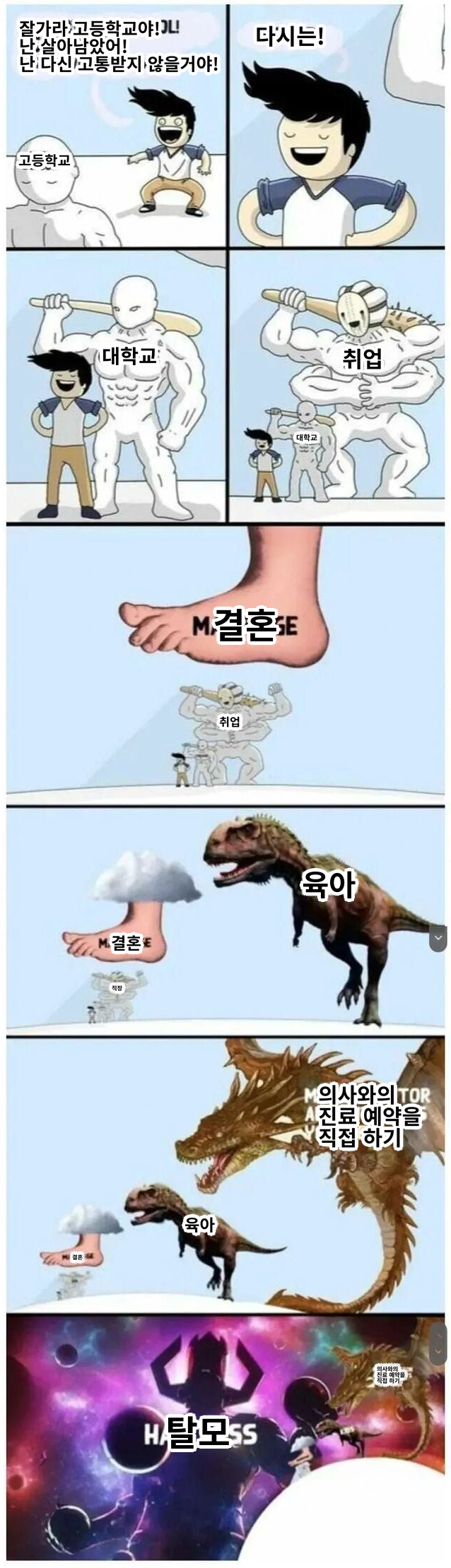 잘가라 고등학교야!!
난 다신 고통받지 않을거야!
고등학교
다시는!
대학교
취업
결혼
법
결혼
육아
의사와의 진료 예약을 직접 하기
탈모