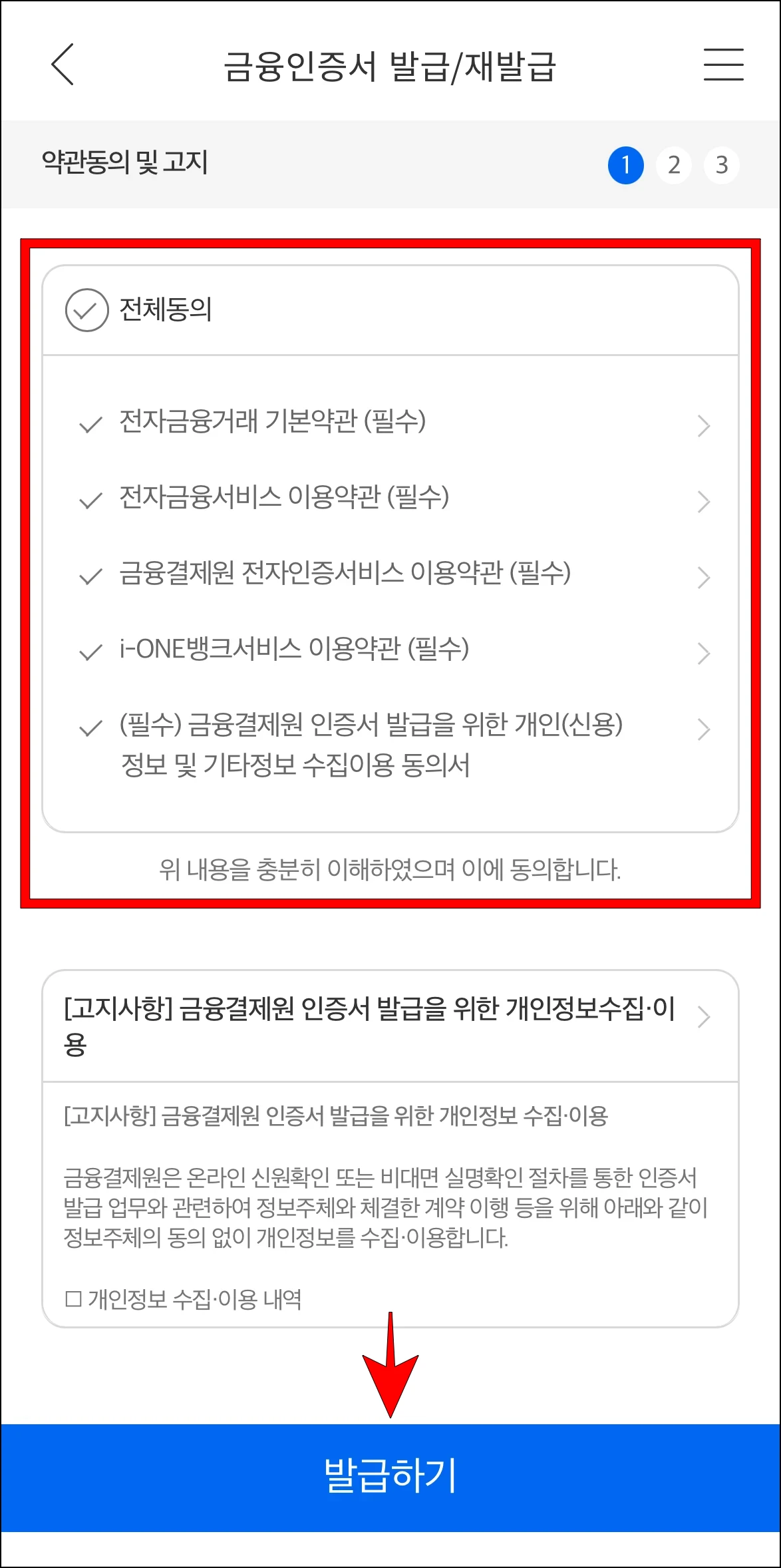 금융인증서 발급 약관에 동의하고, '발급하기'를 선택