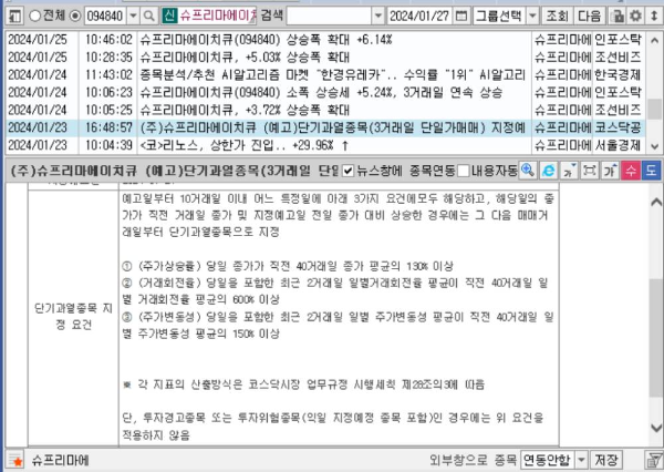 슈프리마에이치큐 단기과열종목 지정요건