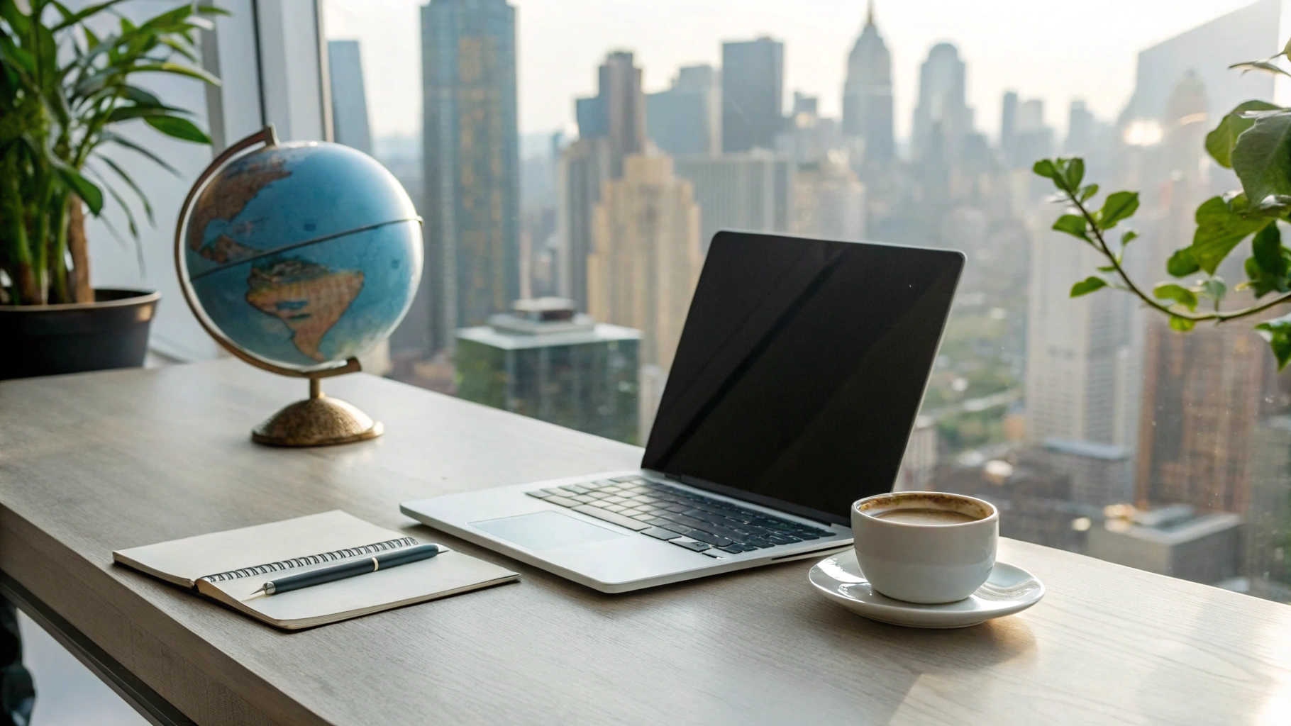 고층 빌딩이 보이는 대형 창가 책상 위에 지구본, 노트북, 노트와 펜, 그리고 커피잔이 놓여 있는 도시 전망의 현대적인 업무 공간