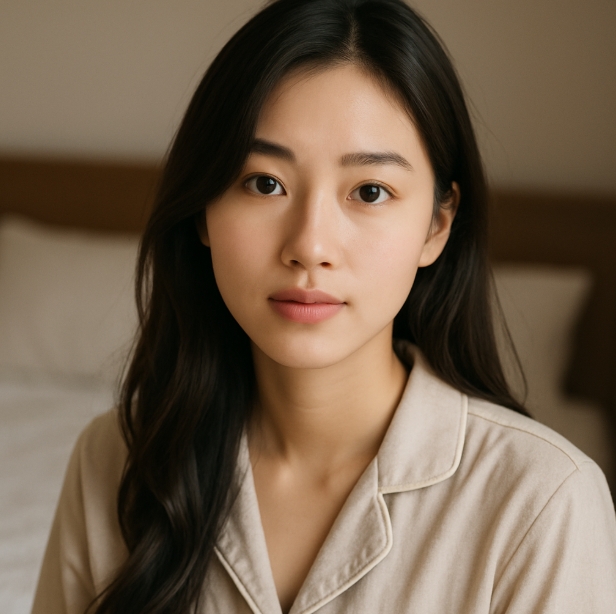 침실에서 베이지색 잠옷을 입은 여성이 정면을 응시하고 있는 모습.