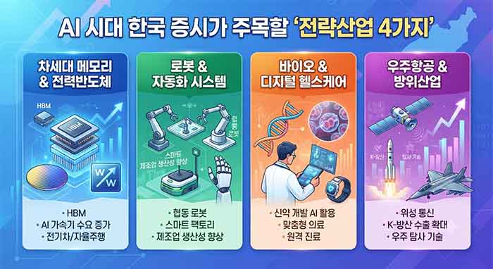 AI 시대 한국 증시가 주목할 전략산업 4가지 인포그래픽.